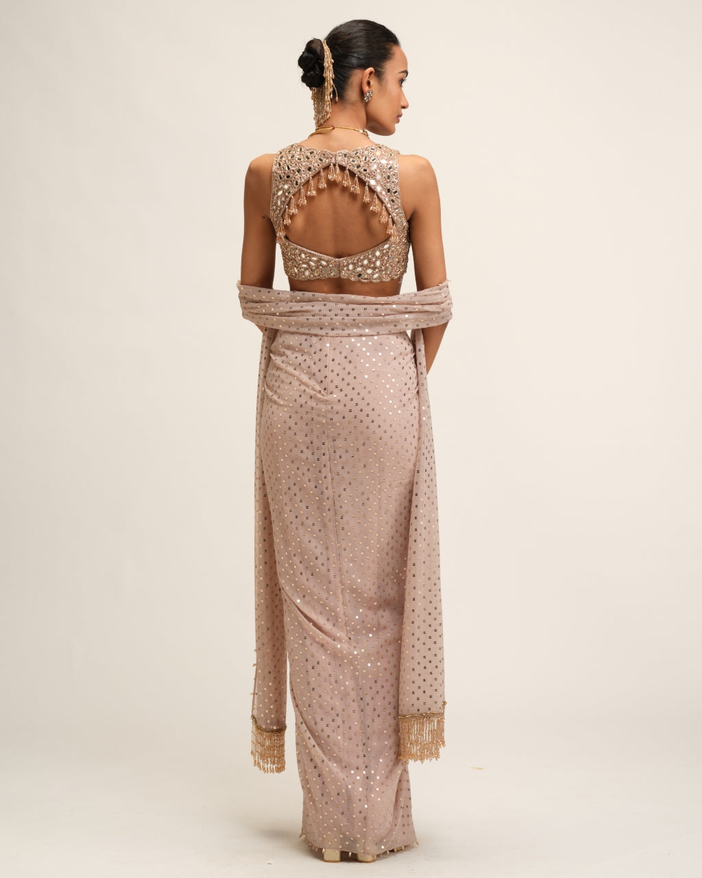 Ash Pink Draped Skirt With V Neck Blouse Set