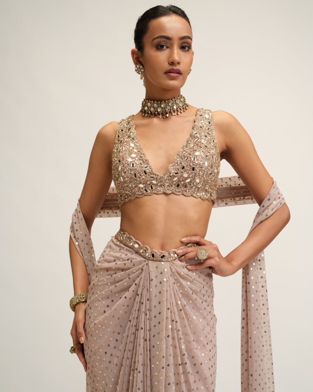 Ash Pink Draped Skirt With V Neck Blouse Set