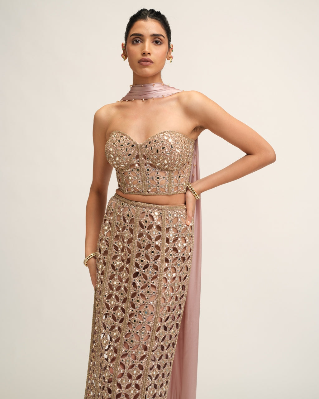Ash Pink Cutwork Pencil Skirt