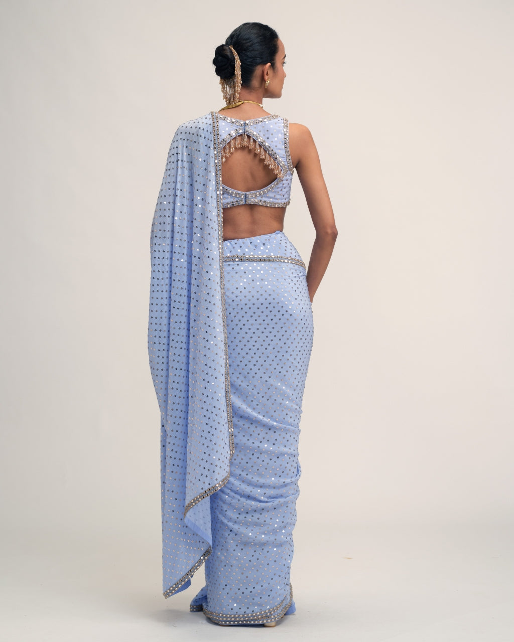 Dew Blue Sequins Embroidered Sari Set