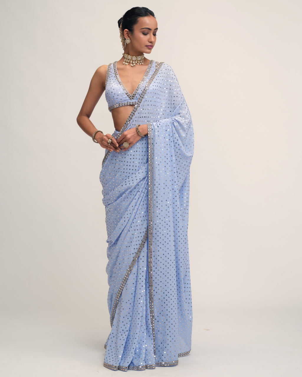 Dew Blue Sequins Embroidered Sari Set