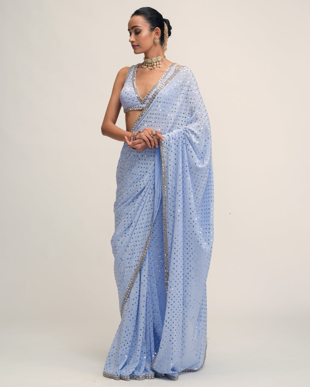 Dew Blue Sequins Embroidered Sari Set