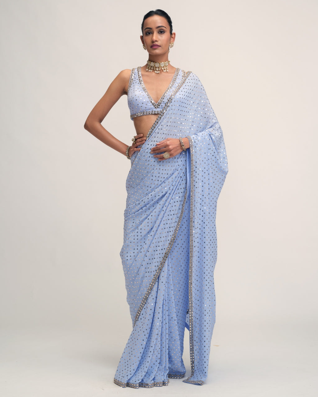 Dew Blue Sequins Embroidered Sari Set