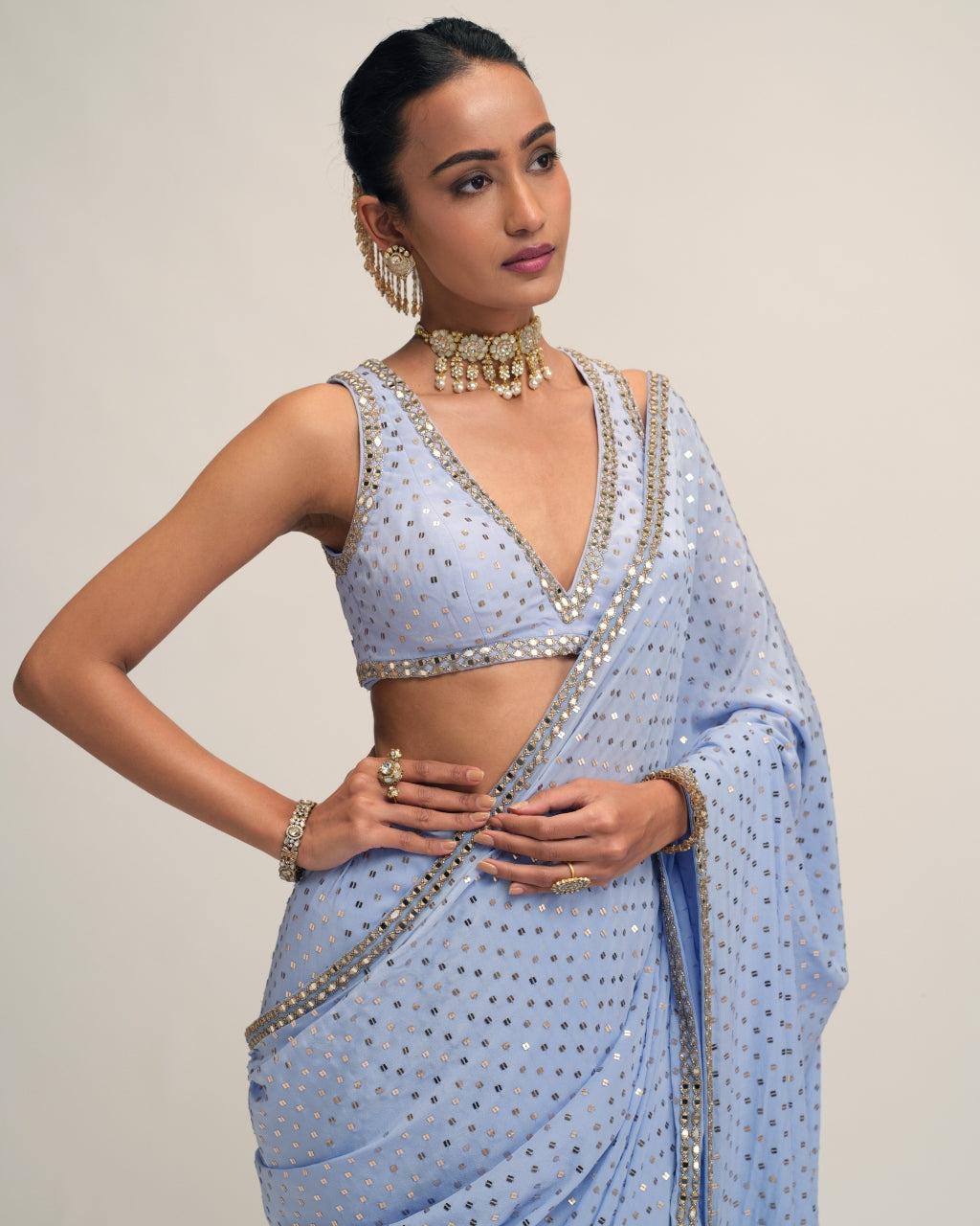 Dew Blue Sequins Embroidered Sari Set