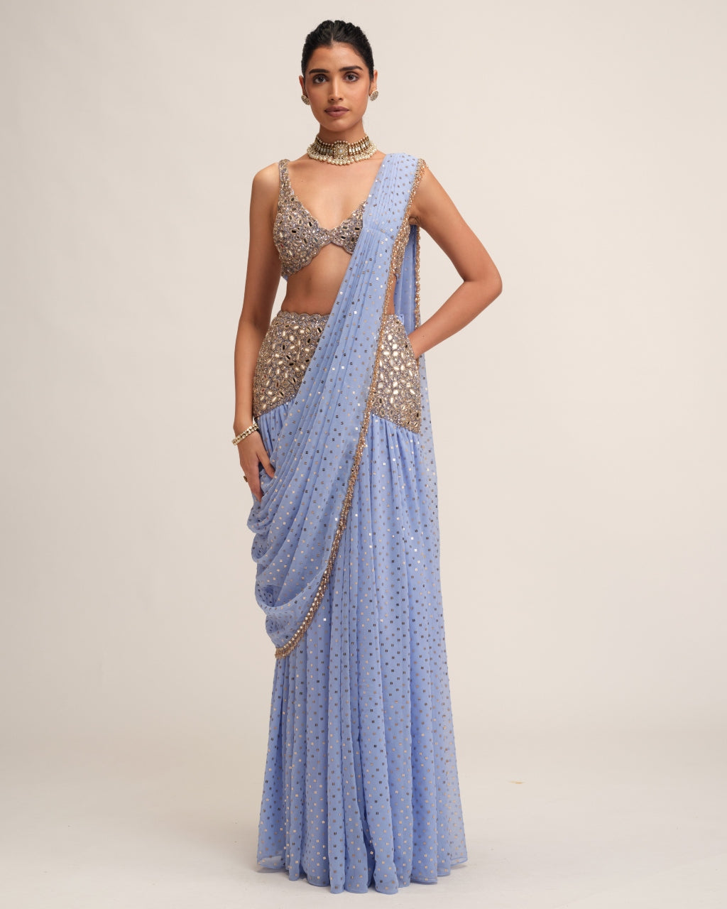 Dew Blue Draped Sari Set