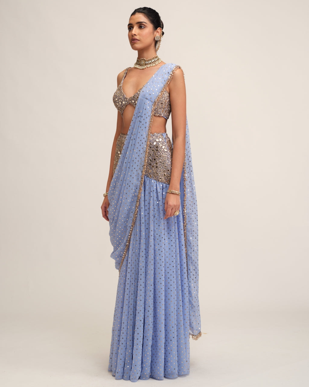 Dew Blue Draped Sari Set