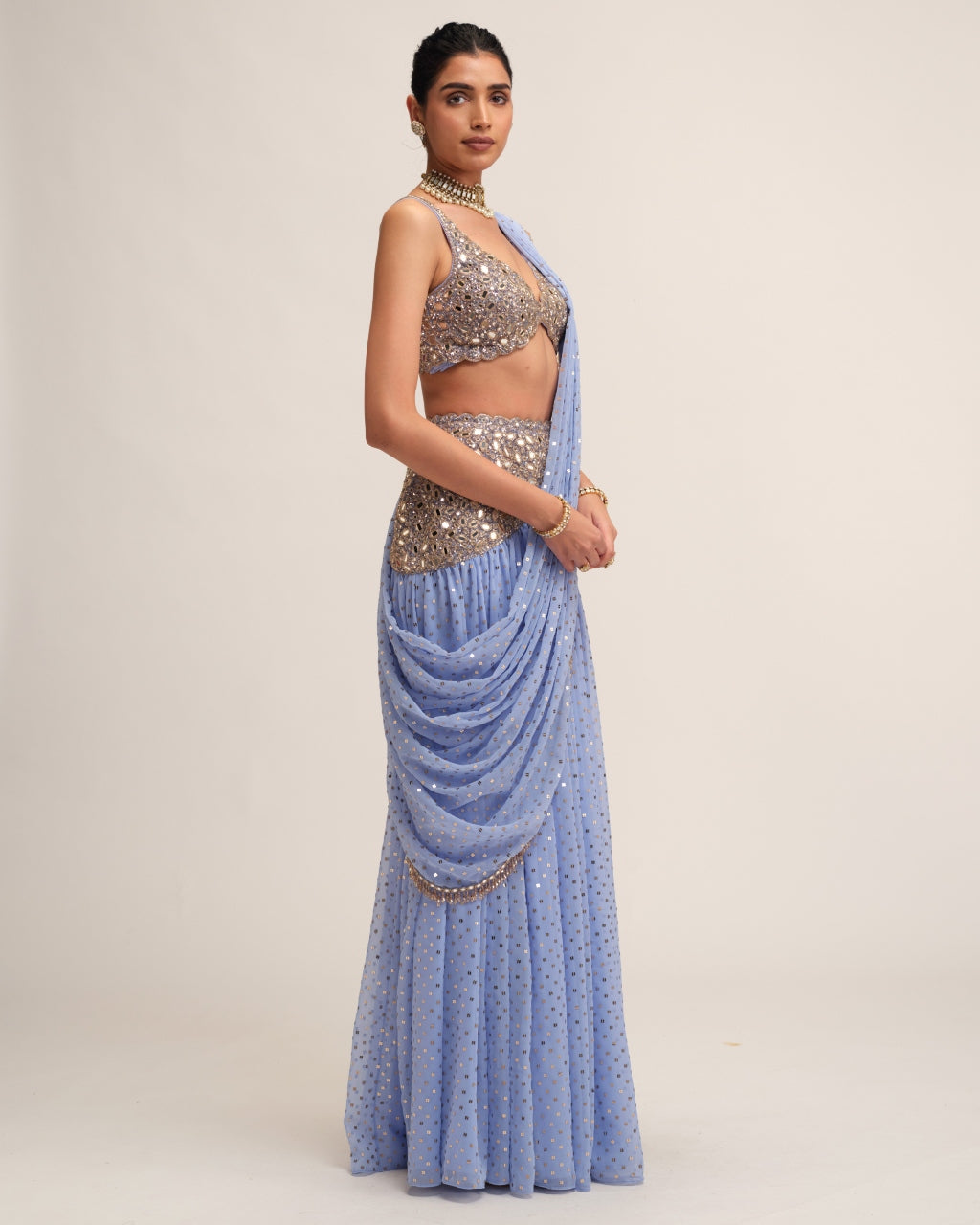 Dew Blue Draped Sari Set