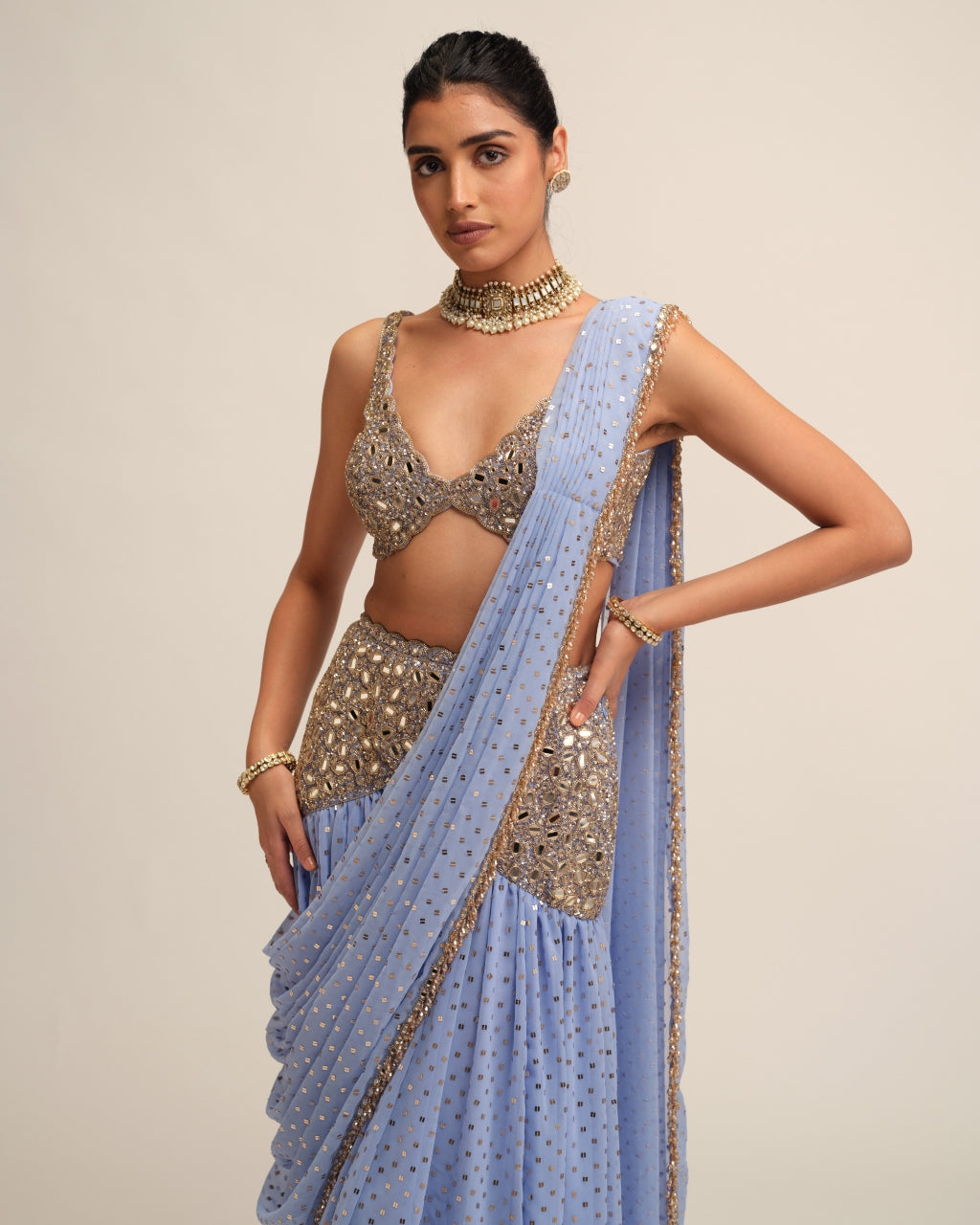 Dew Blue Draped Sari Set