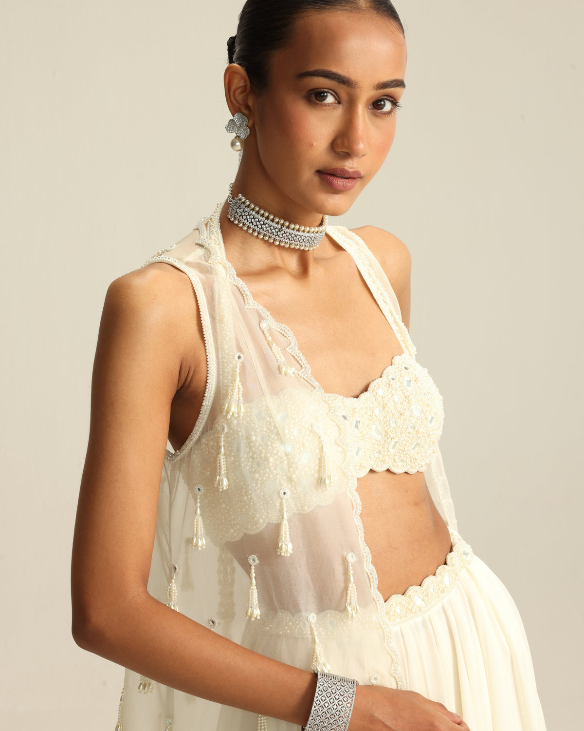 Off White Jacket Pearl And Mirror Jacket Set