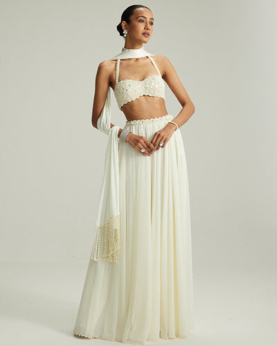 Off White Skirt Set With Halter Neck Blouse