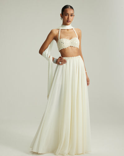 Off White Skirt Set With Halter Neck Blouse