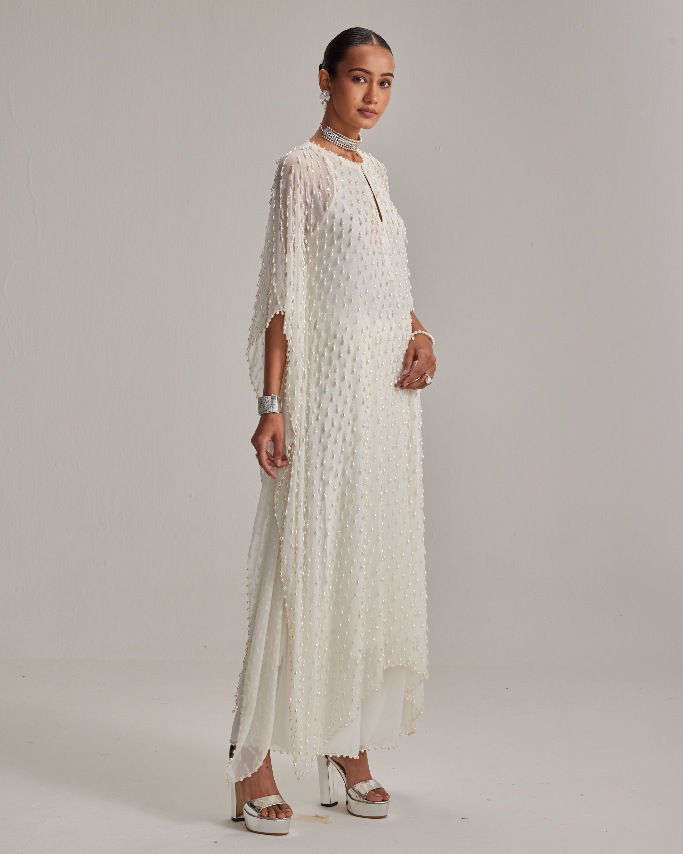 Off White Pearl Drop Kaftan Set