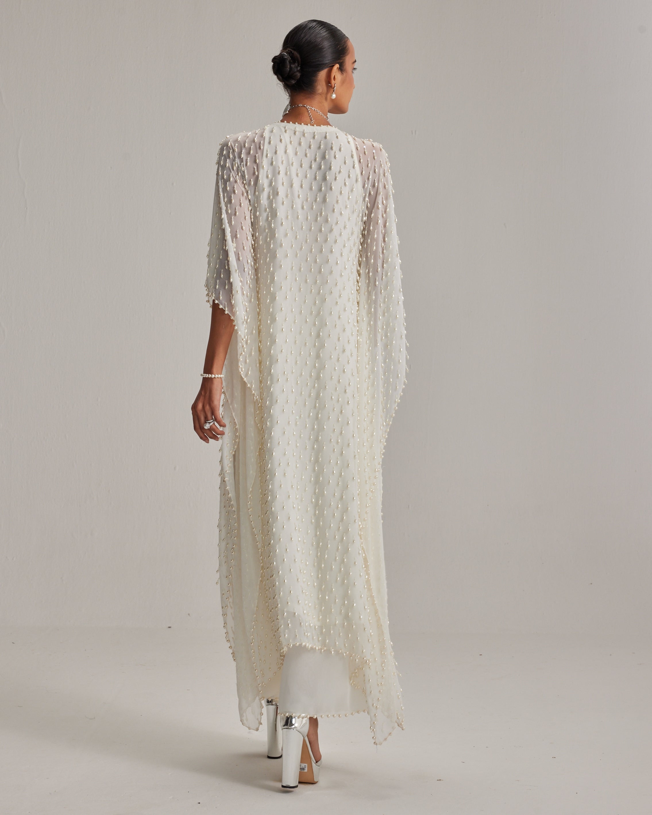 Off White Pearl Drop Kaftan Set
