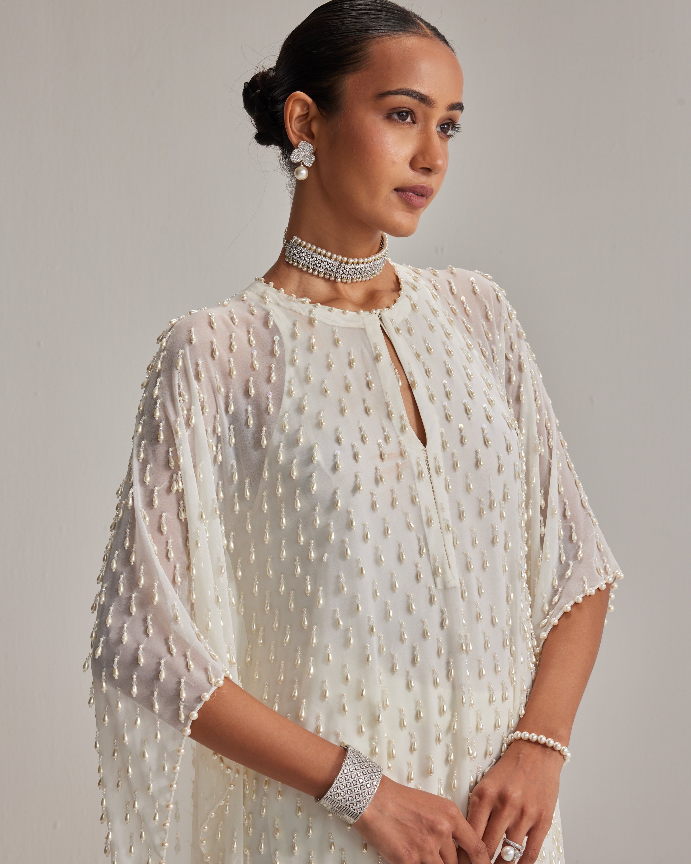 Off White Pearl Drop Kaftan Set