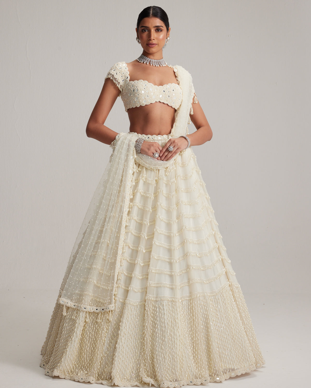 Off White Mirror And Pearl Drop Bridal Lehenga Set