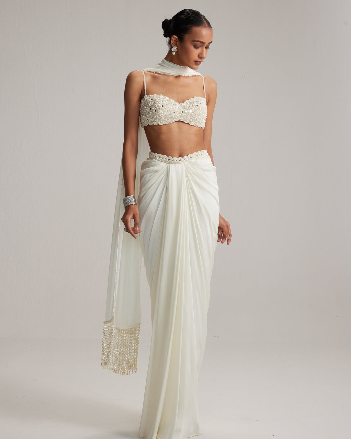 Off White Satin Draped Skirt Set