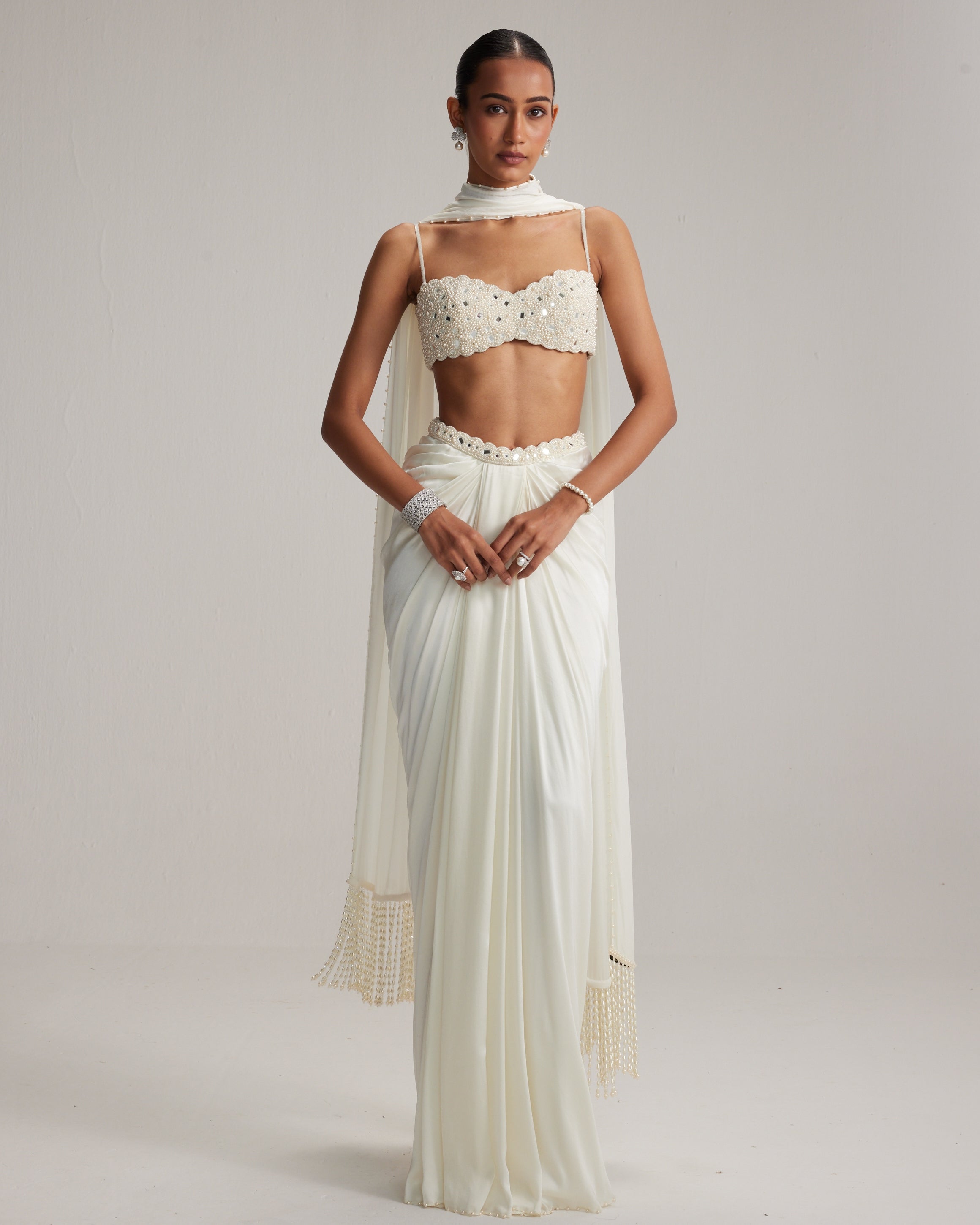 Off White Satin Draped Skirt Set