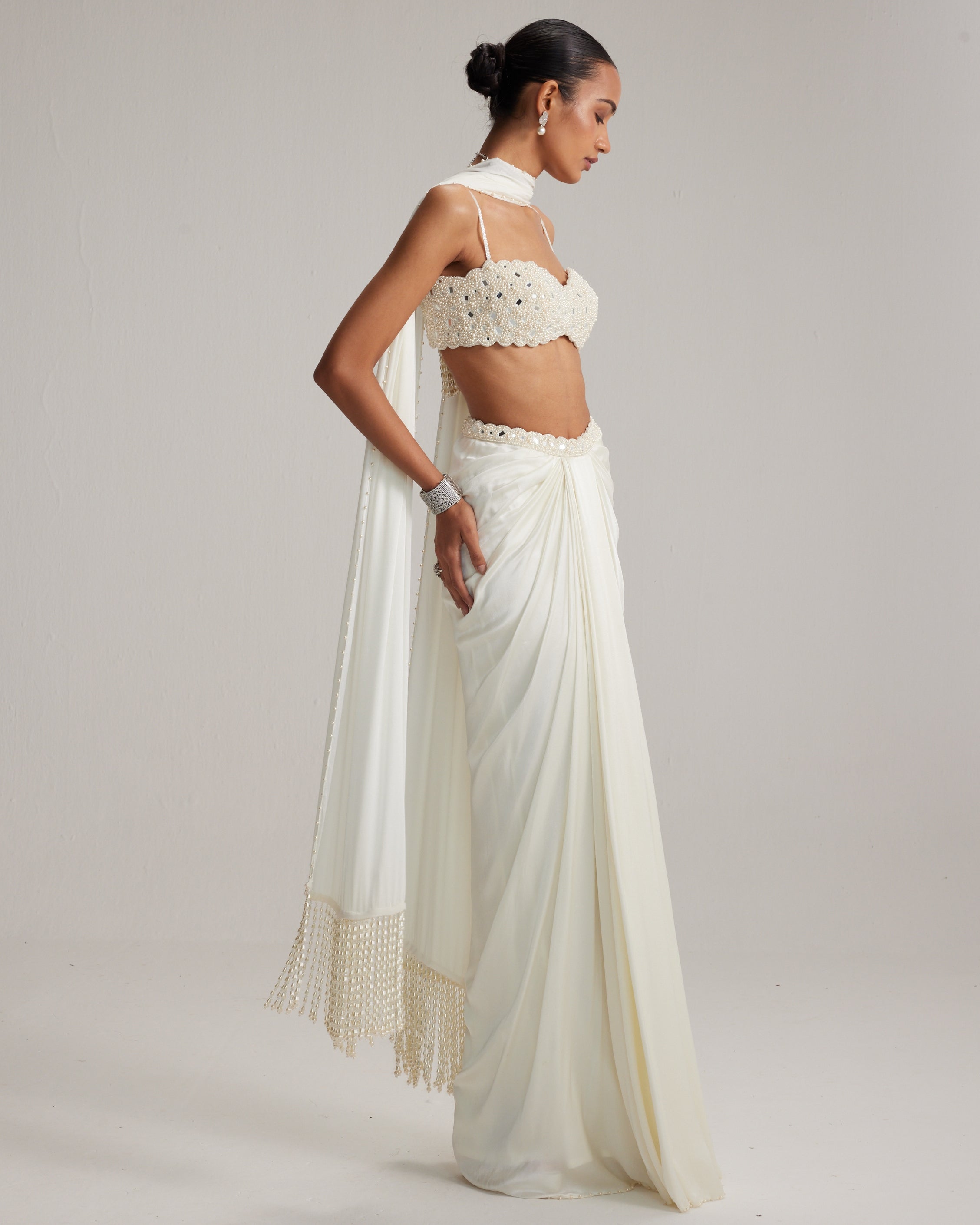 Off White Satin Draped Skirt Set