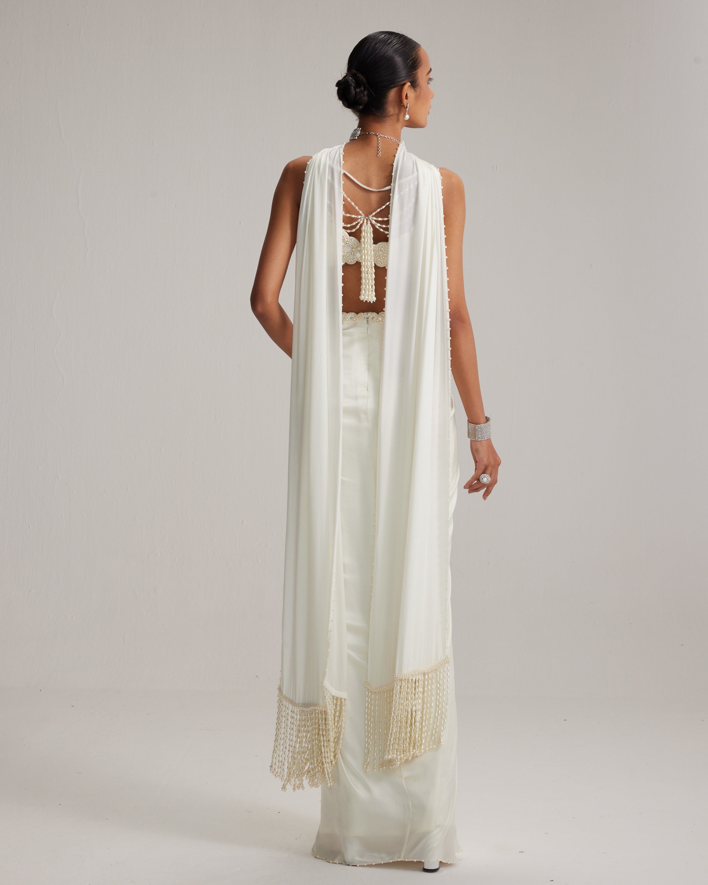 Off White Satin Draped Skirt Set