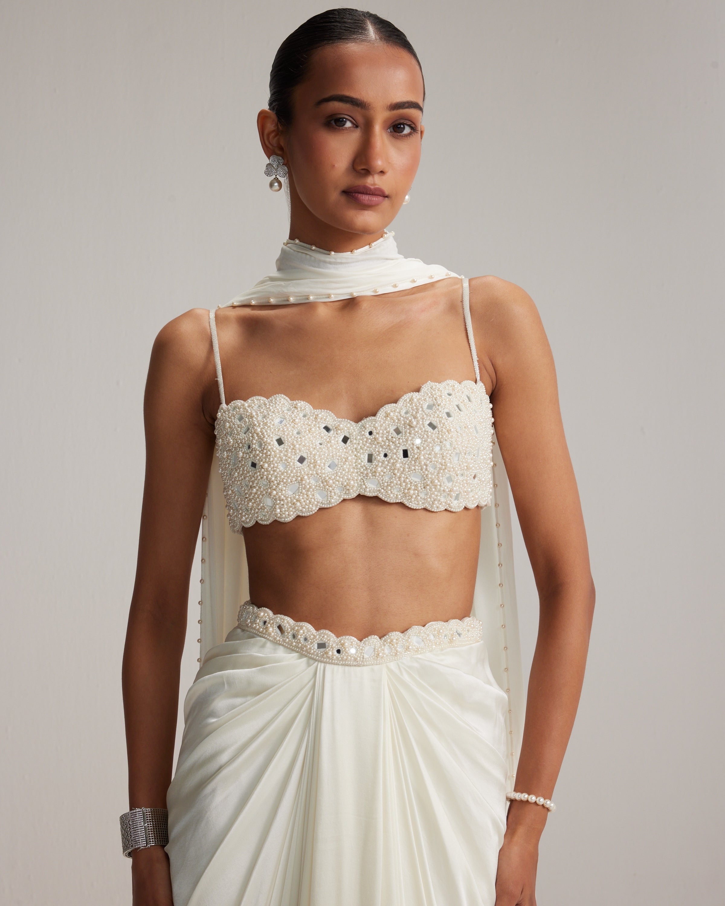 Off White Satin Draped Skirt Set