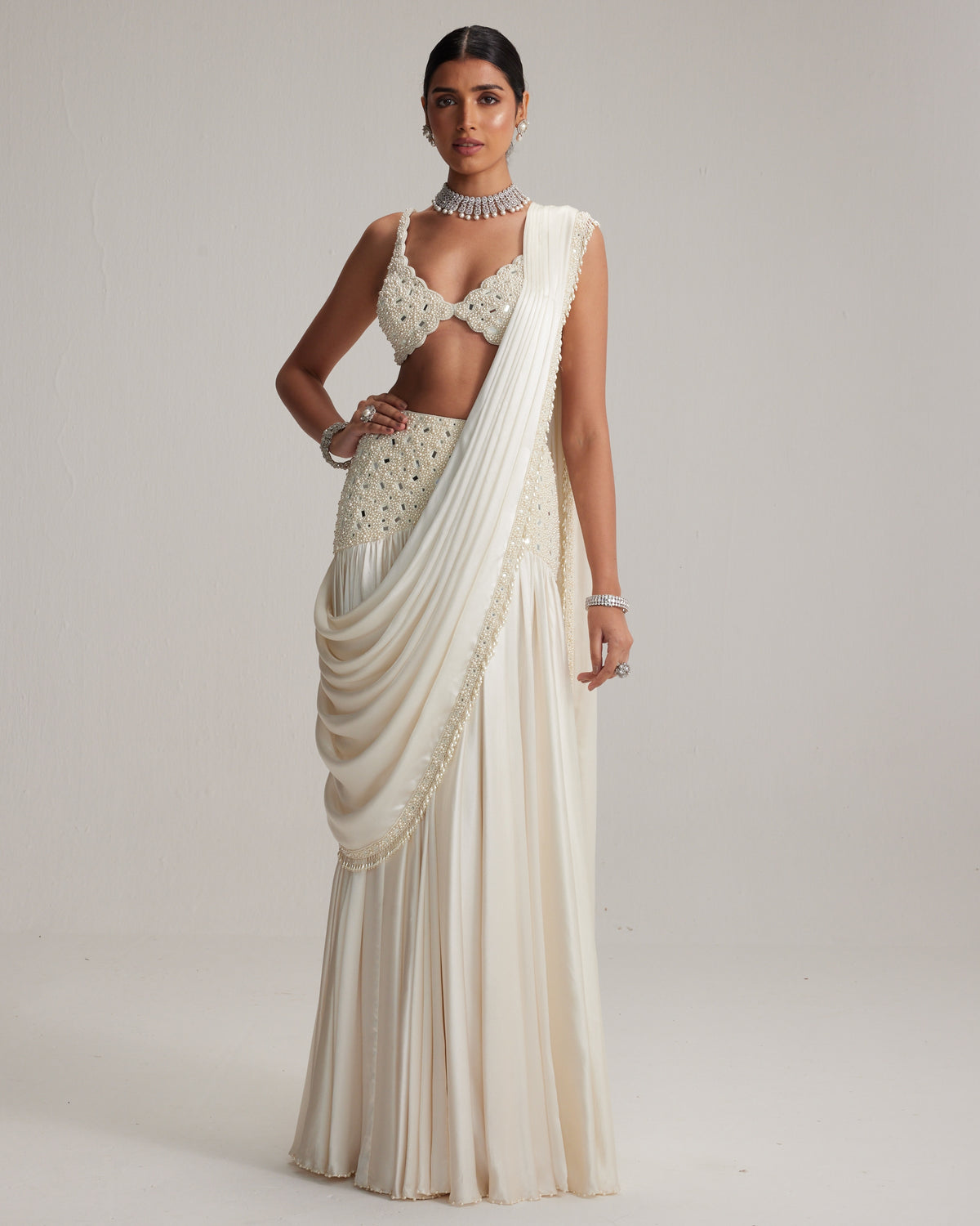 Off White Pearl And Mirror Embroidered Satin Draped Sari Set