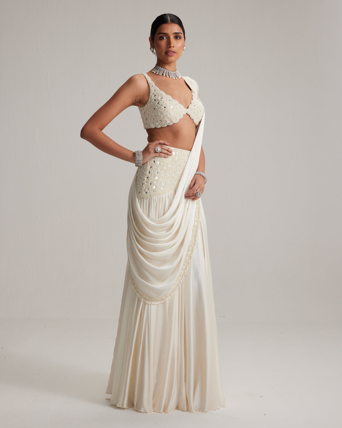 Off White Pearl And Mirror Embroidered Satin Draped Sari Set