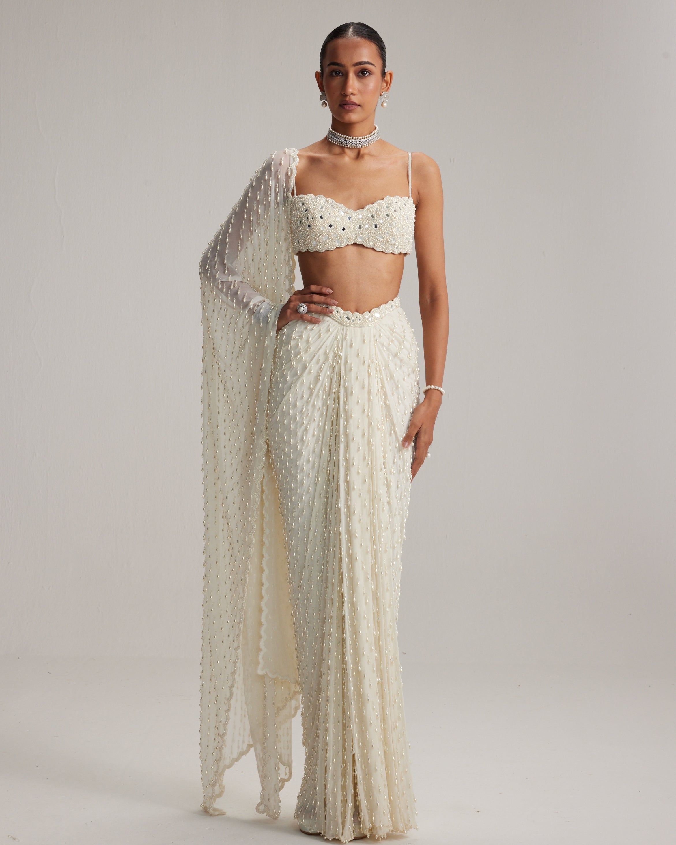 Pearl White Dense Drop Draped Skirt Set