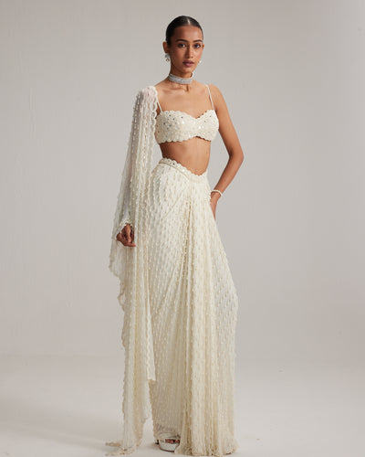 Pearl White Dense Drop Draped Skirt Set