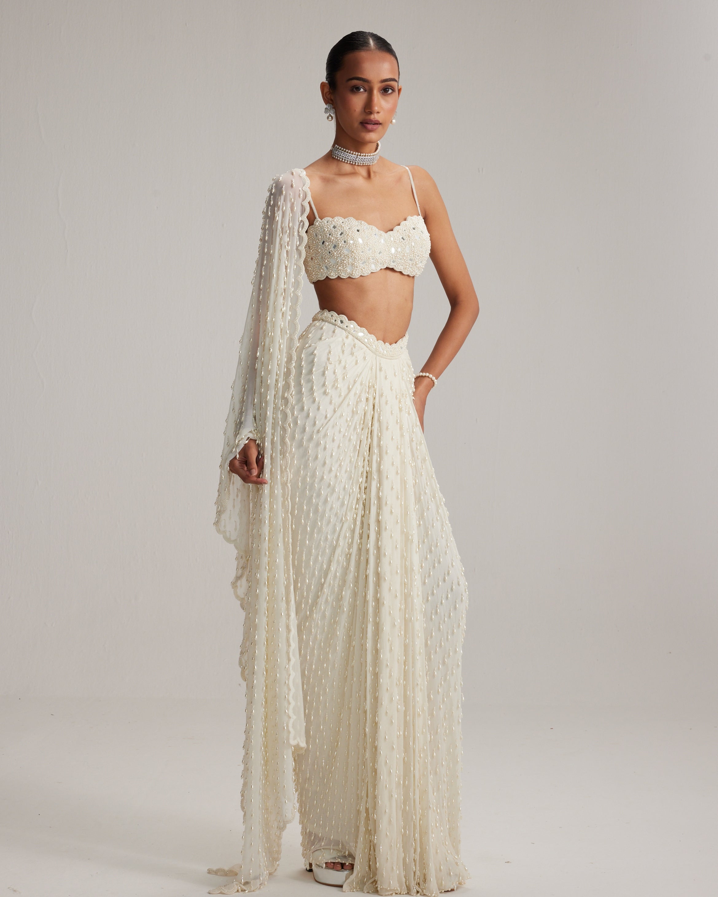 Pearl White Dense Drop Draped Skirt Set