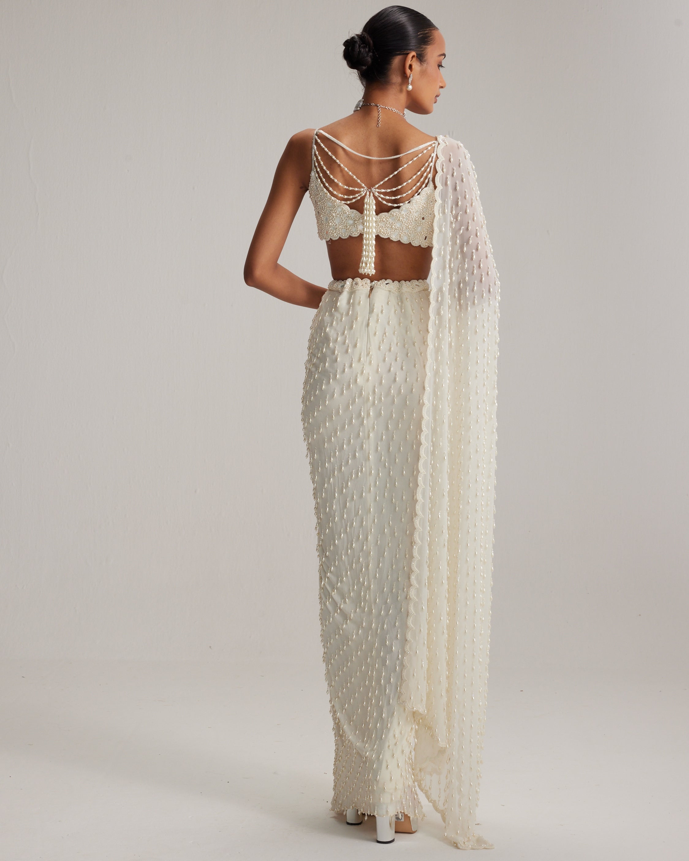 Pearl White Dense Drop Draped Skirt Set