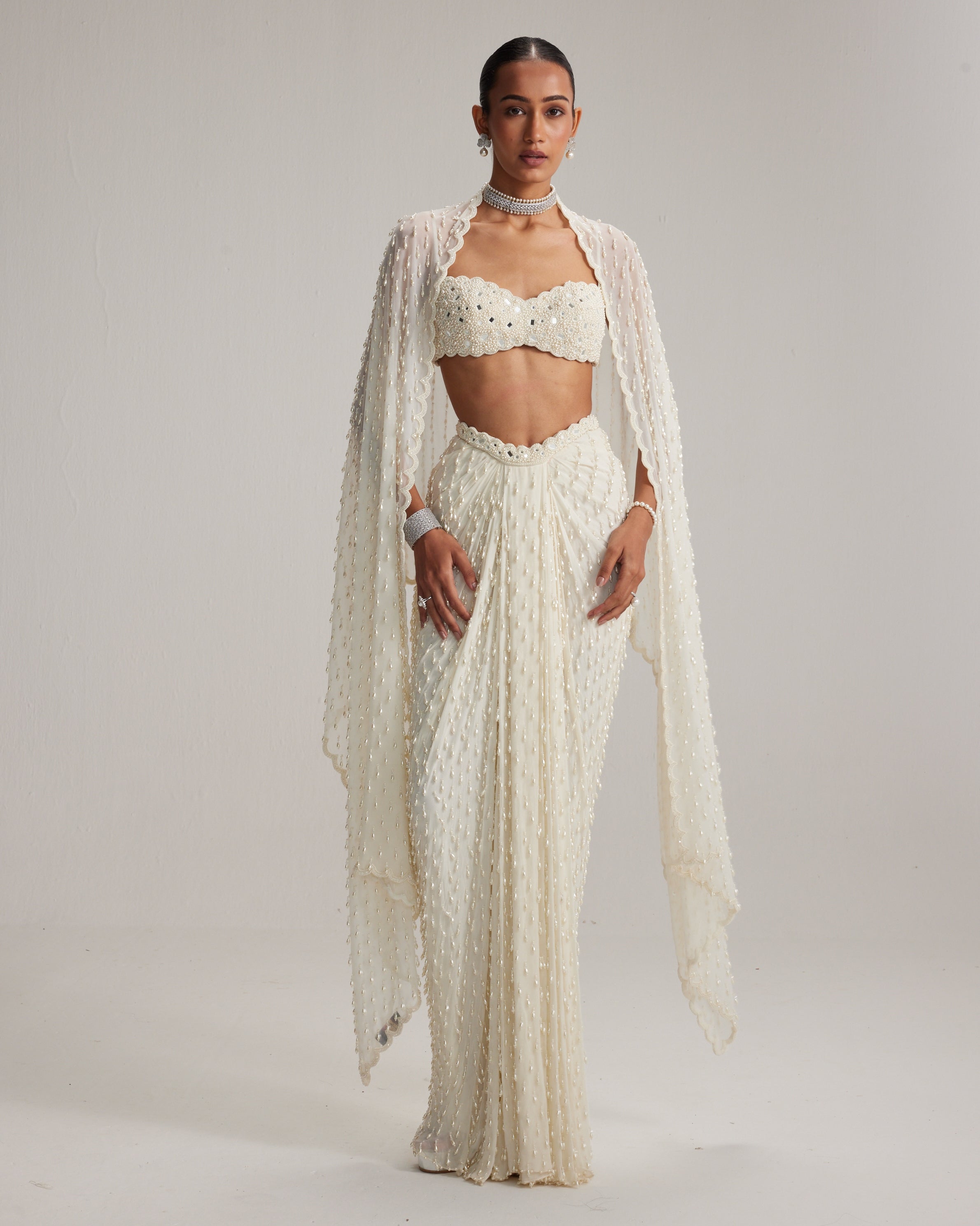 Pearl White Dense Drop Draped Skirt Set