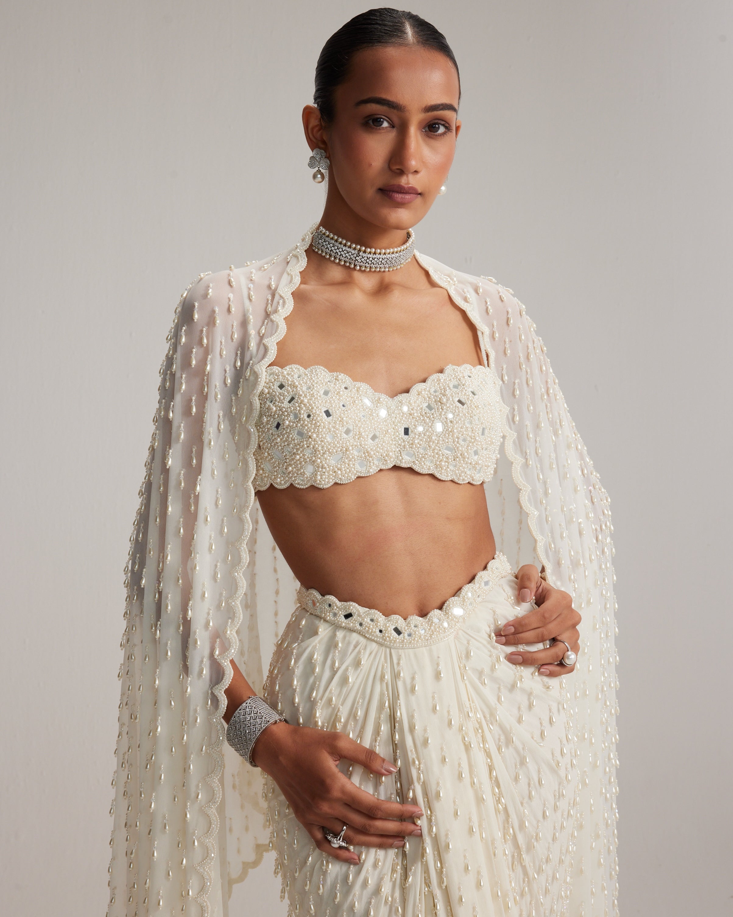 Pearl White Dense Drop Draped Skirt Set