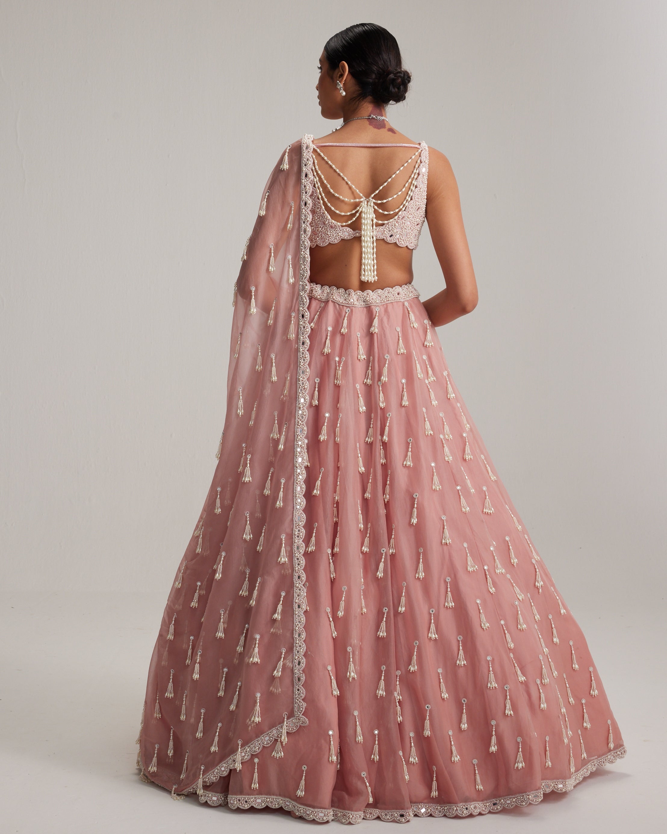 Dusty Rose Organza Long Pearl Tassels Lehenga Set