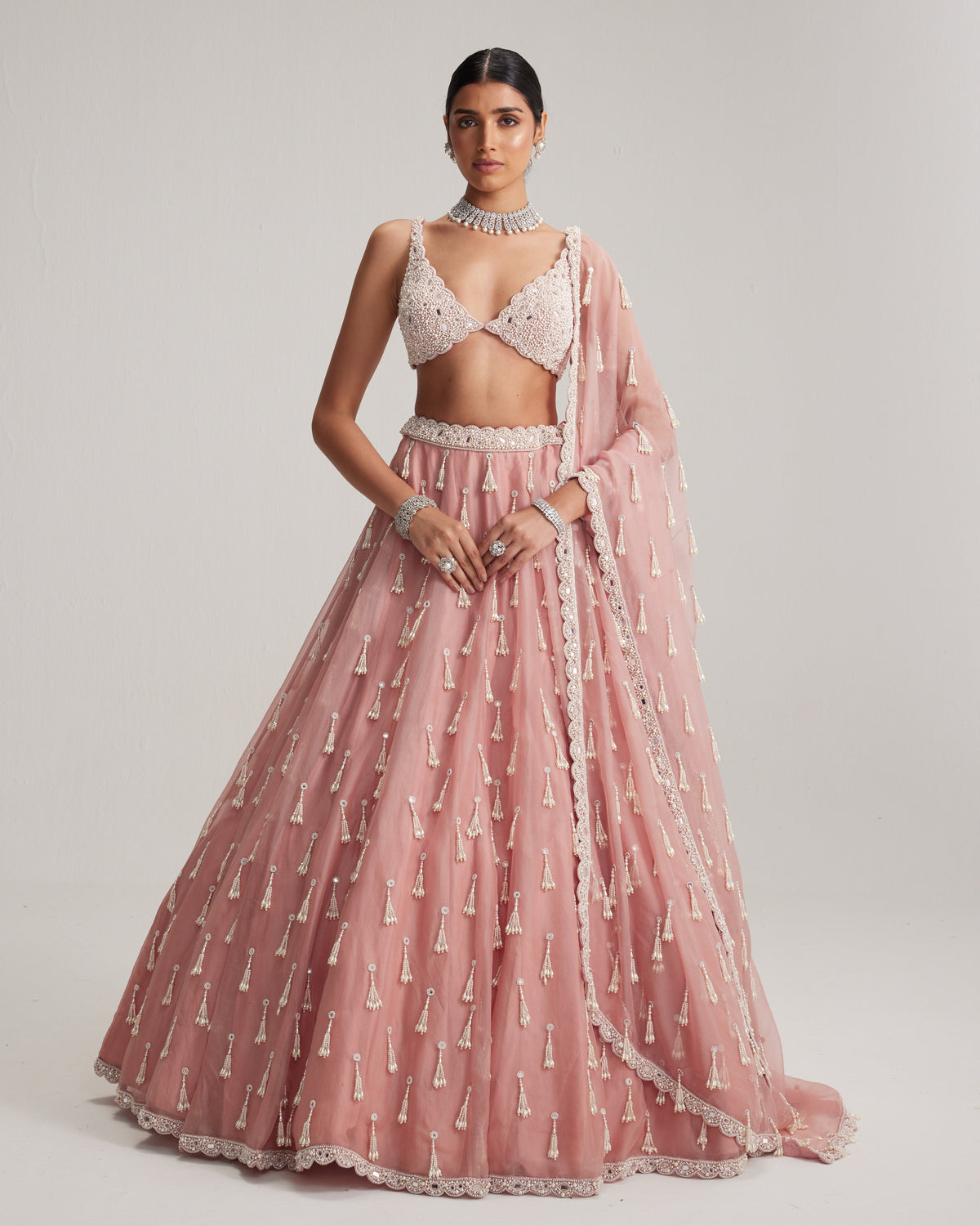 Dusty Rose Organza Long Pearl Tassels Lehenga Set