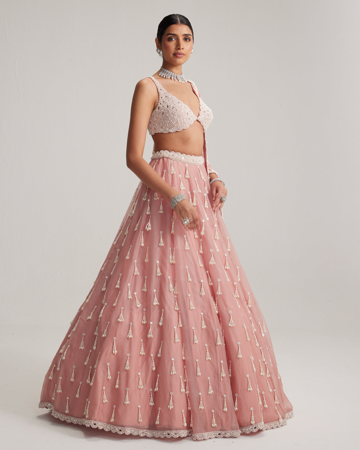 Dusty Rose Organza Long Pearl Tassels Lehenga Set