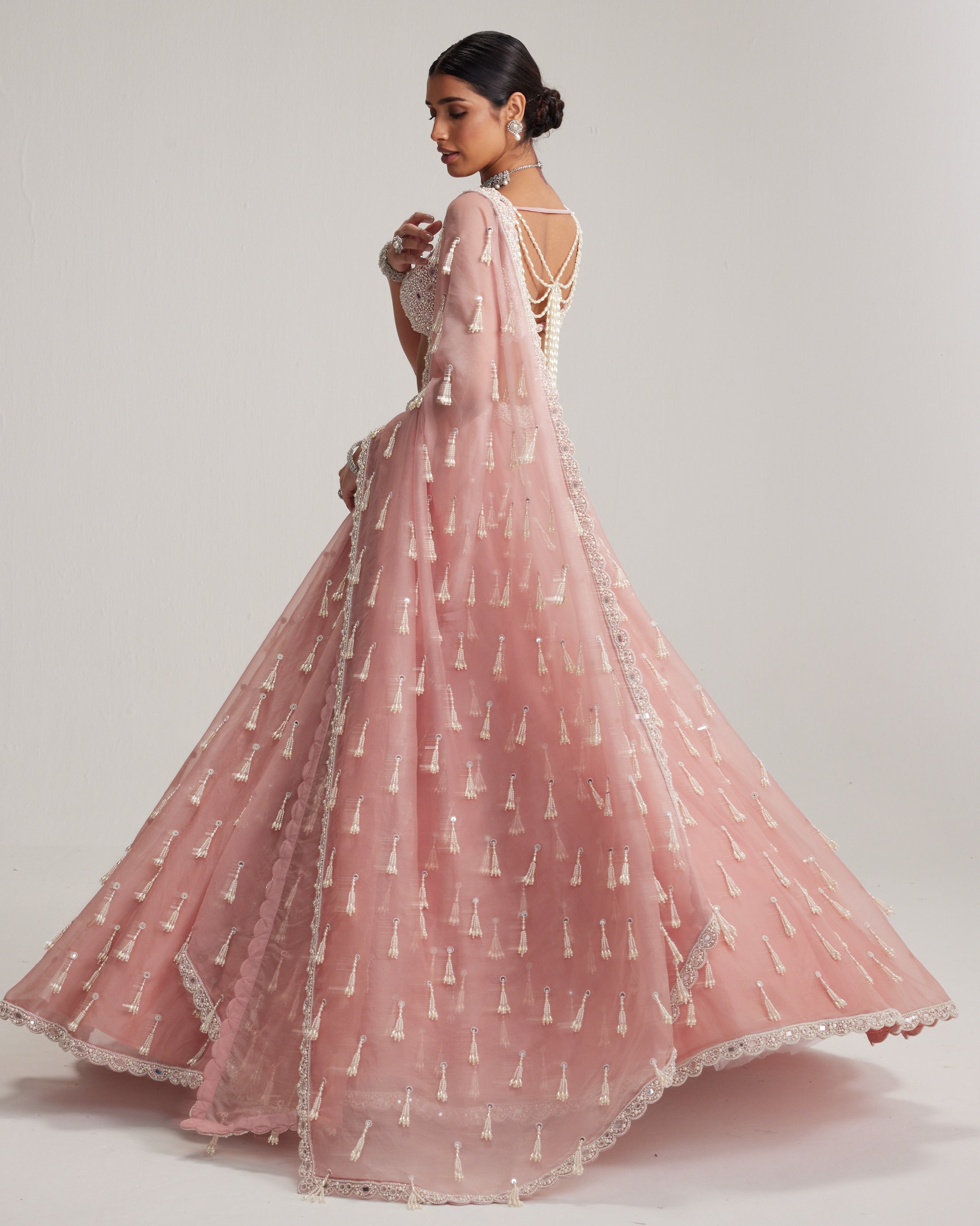 Dusty Rose Organza Long Pearl Tassels Lehenga Set