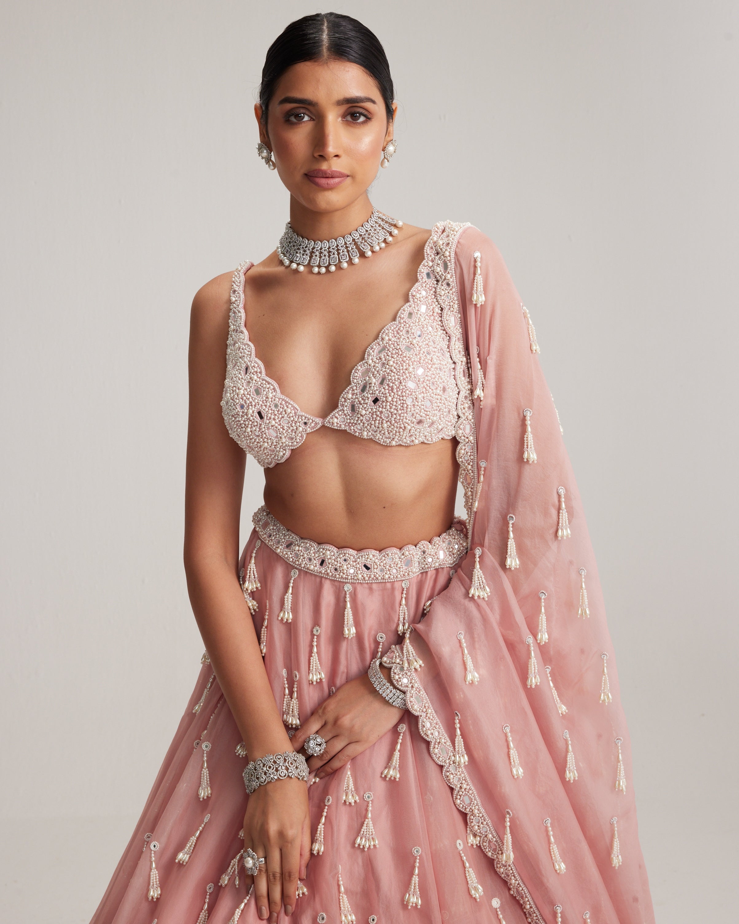 Dusty Rose Organza Long Pearl Tassels Lehenga Set