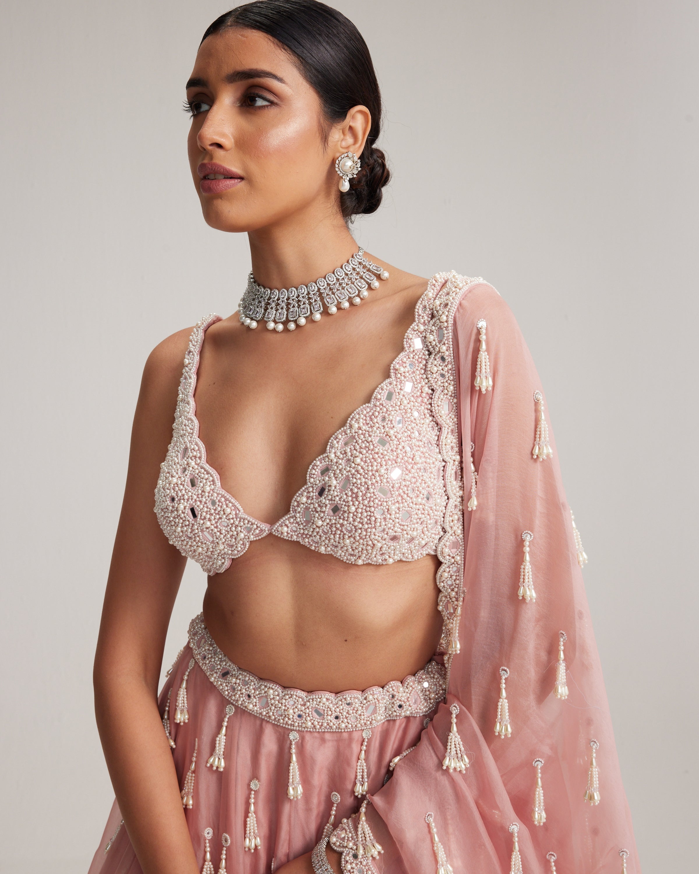 Dusty Rose Organza Long Pearl Tassels Lehenga Set