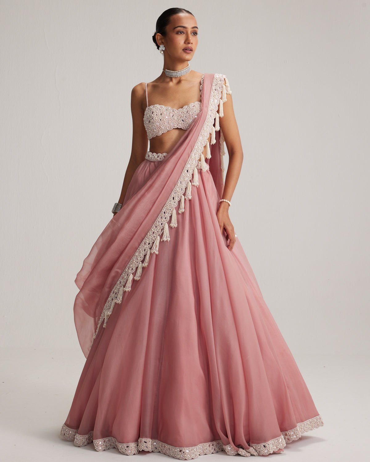 Dusty Rose Organza Mirror And Pearl Lehenga Set