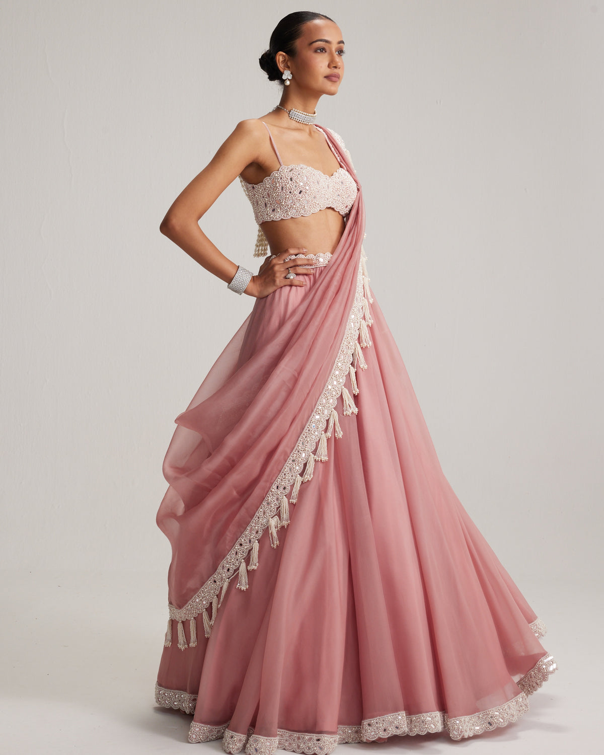 Dusty Rose Organza Mirror And Pearl Lehenga Set