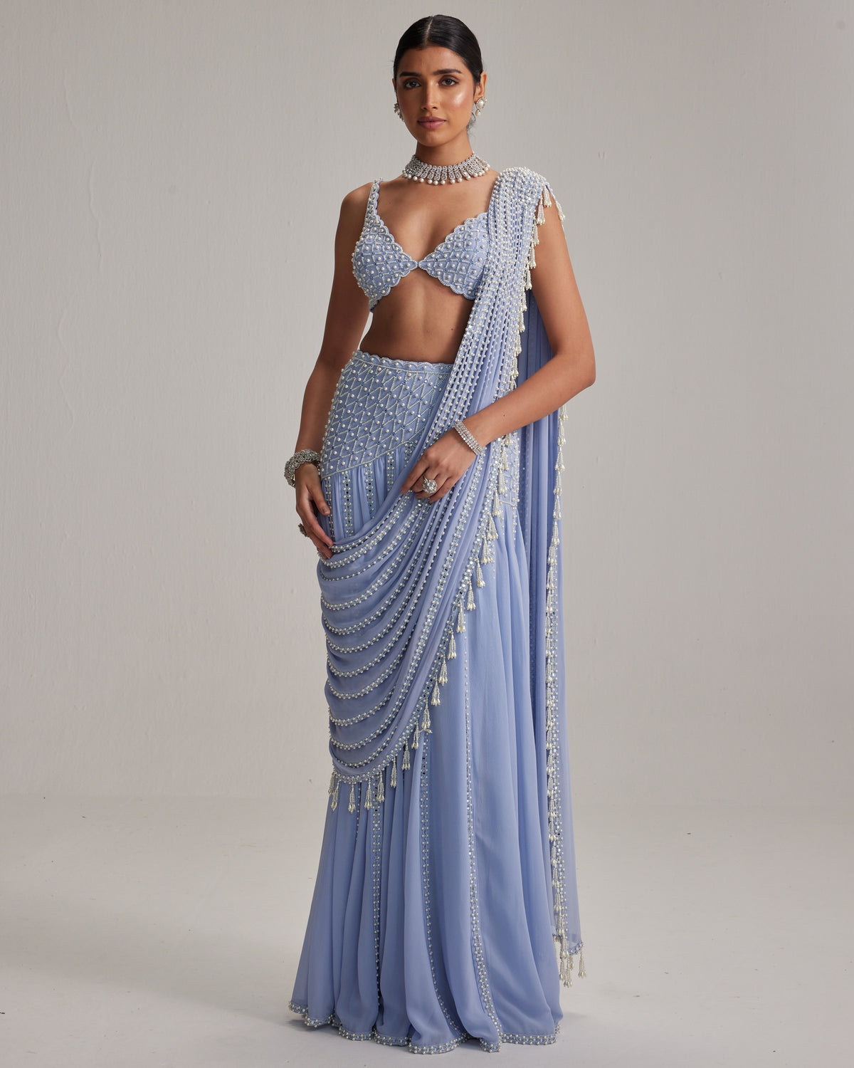 Dew Blue Linear Mirror And Pearl Embroidered Draped Sari Set