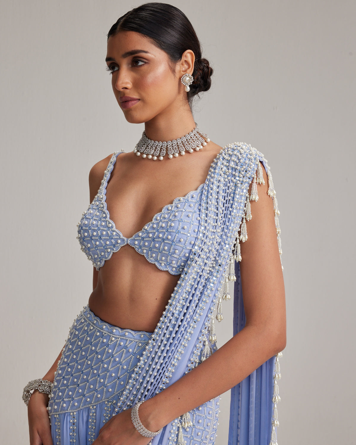 Dew Blue Linear Mirror And Pearl Embroidered Draped Sari Set