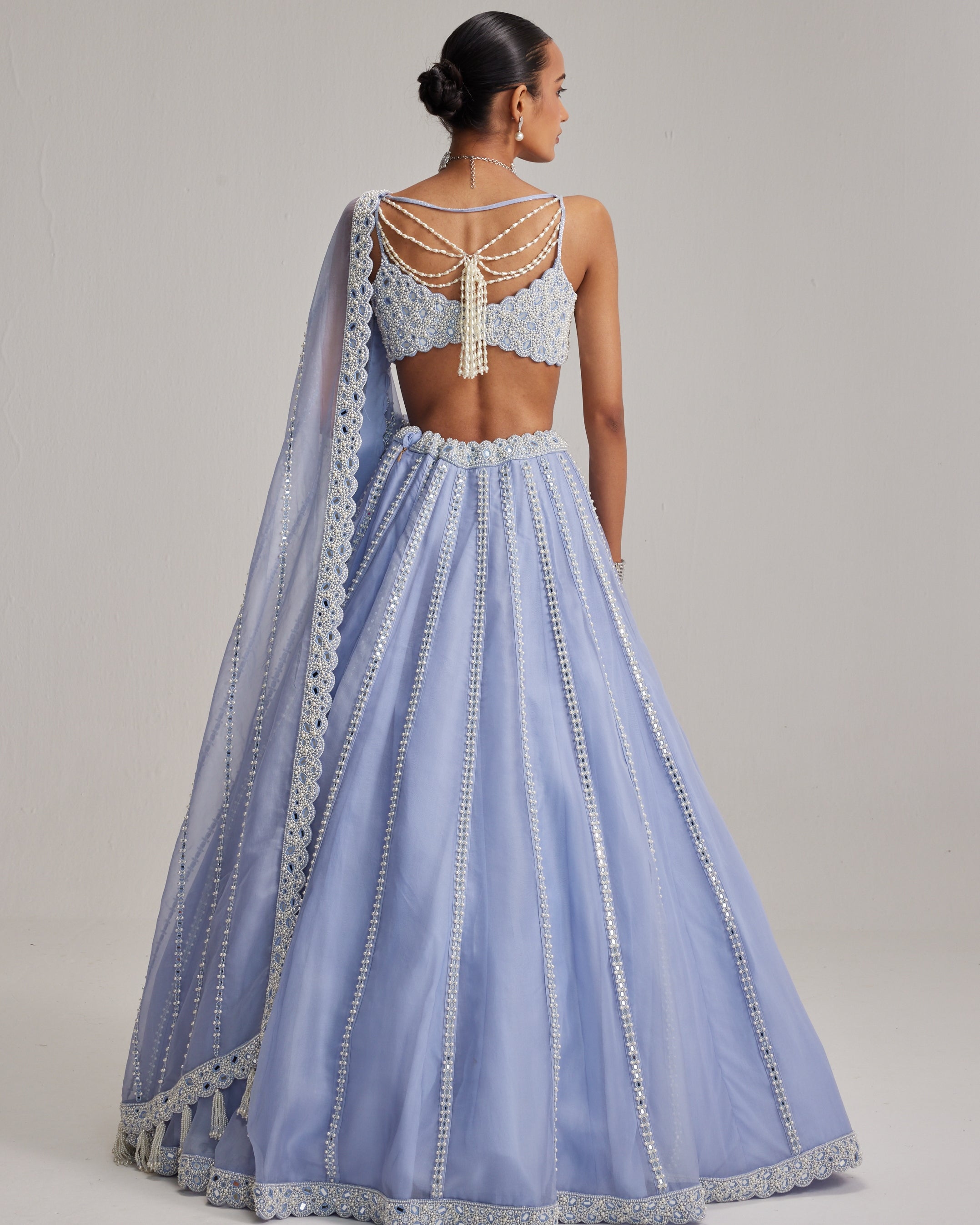 Dew Blue Linear Mirror Organza Lehenga Set