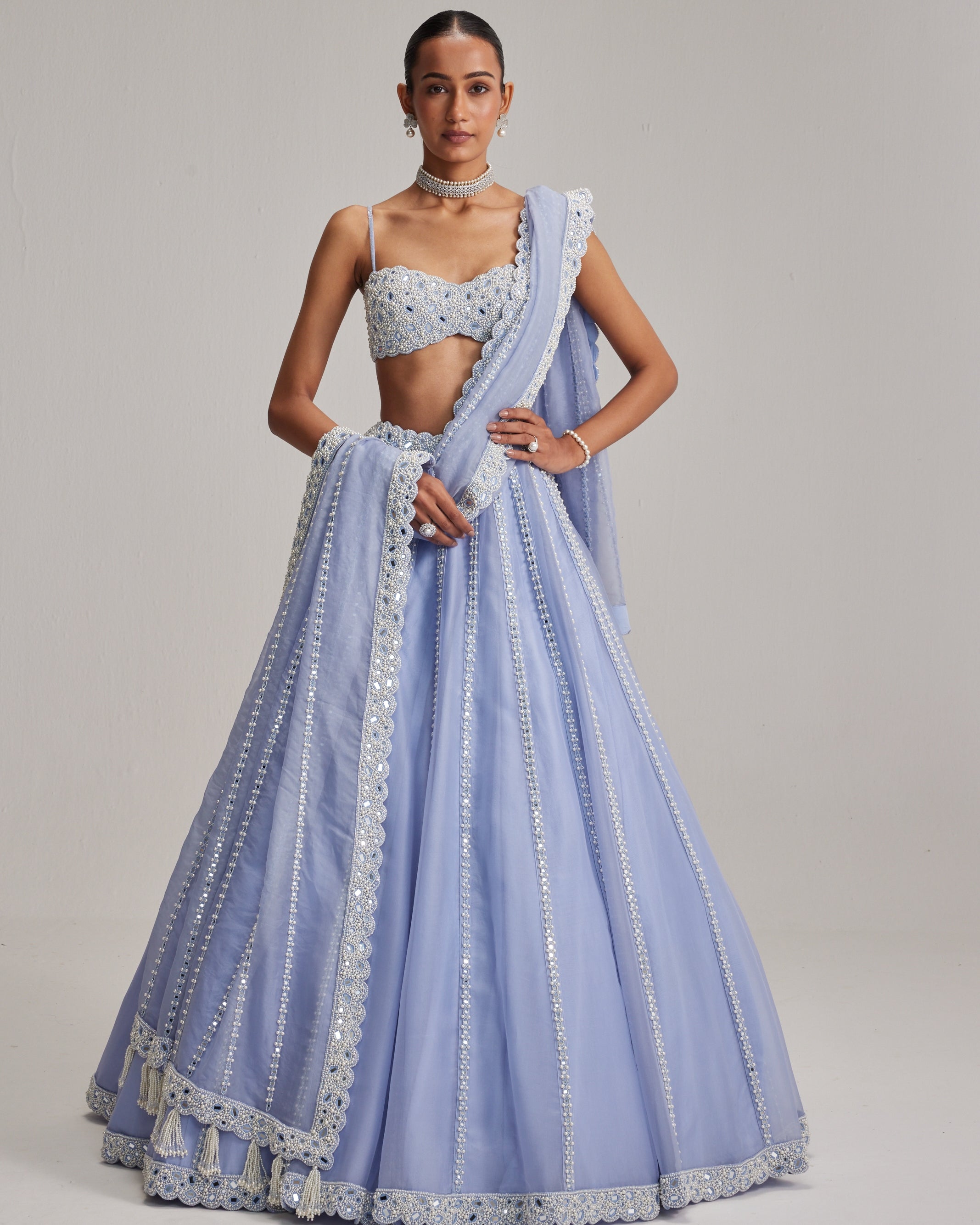 Dew Blue Linear Mirror Organza Lehenga Set