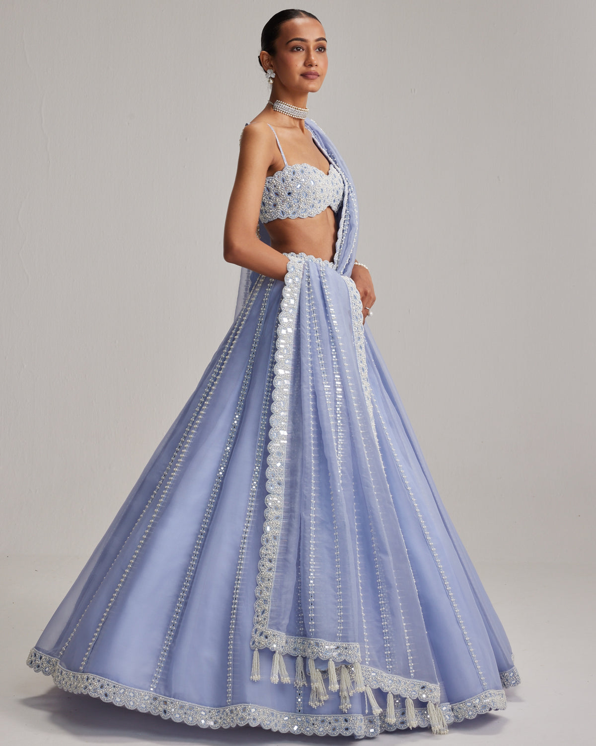 Dew Blue Linear Mirror Organza Lehenga Set