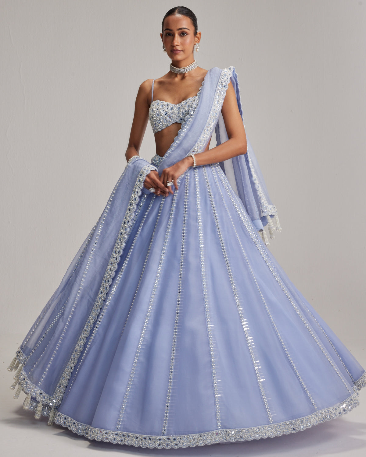 Dew Blue Linear Mirror Organza Lehenga Set
