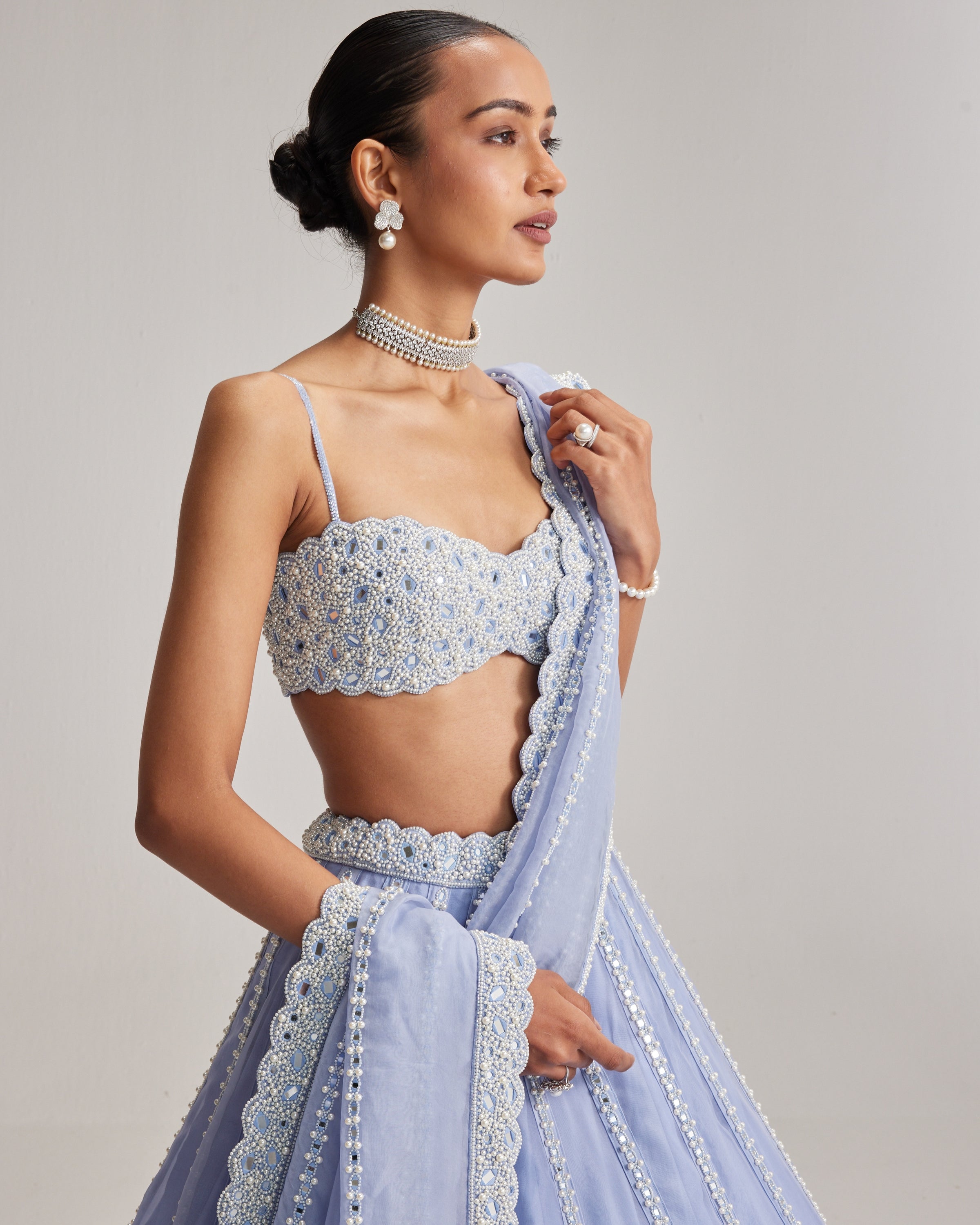 Dew Blue Linear Mirror Organza Lehenga Set