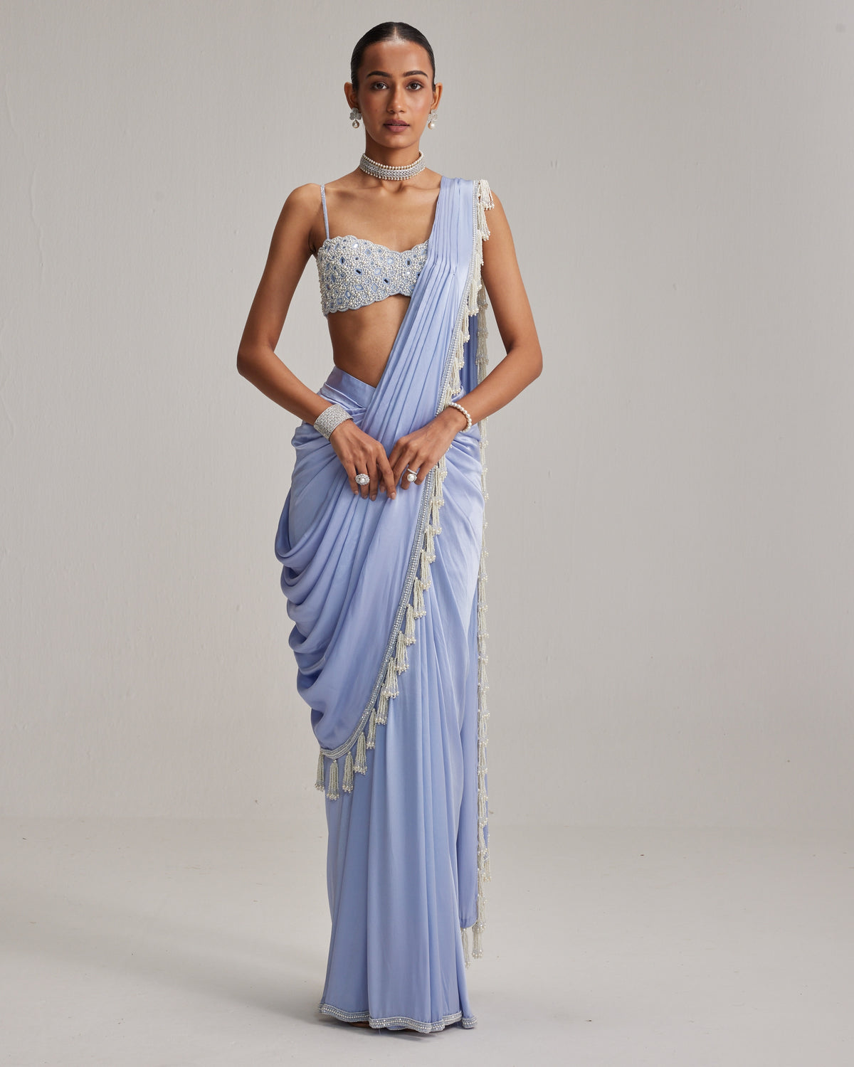 Dew Blue Satin Draped Sari Set
