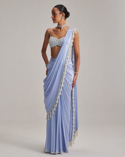 Dew Blue Satin Draped Sari Set