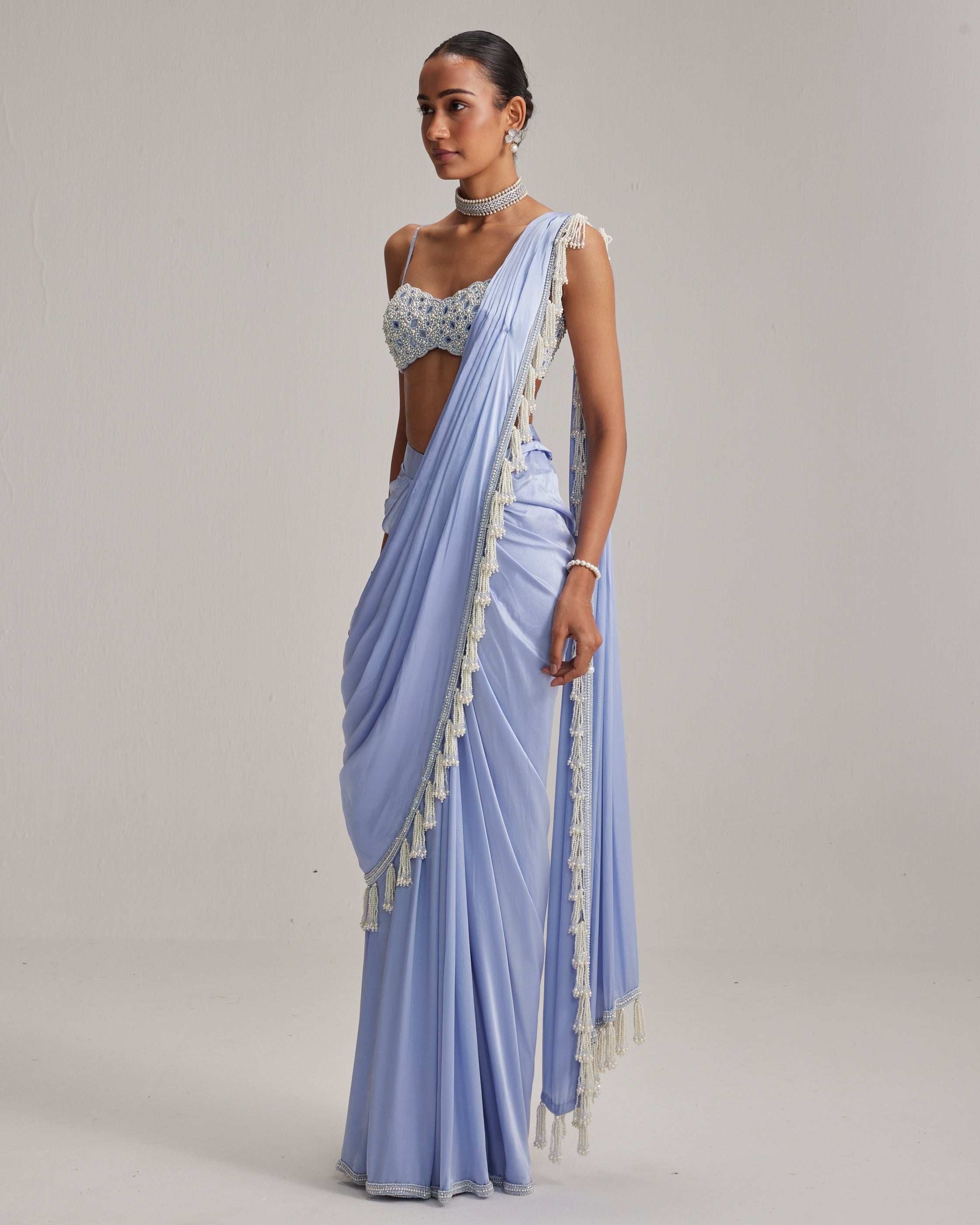 Dew Blue Satin Draped Sari Set